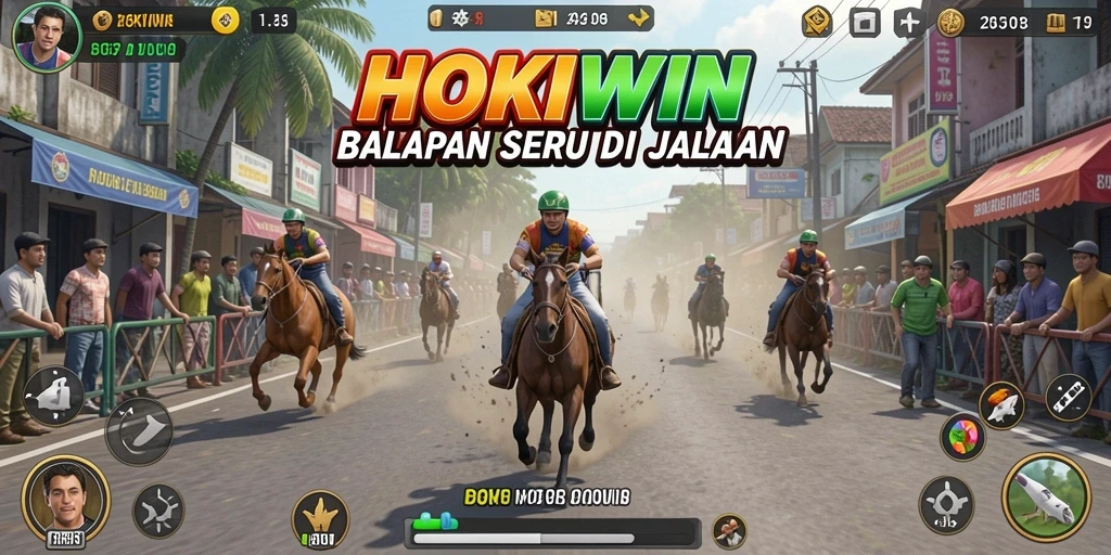 Tampilan gameplay HOKIWIN dengan kendaraan yang melaju cepat di trek balap.