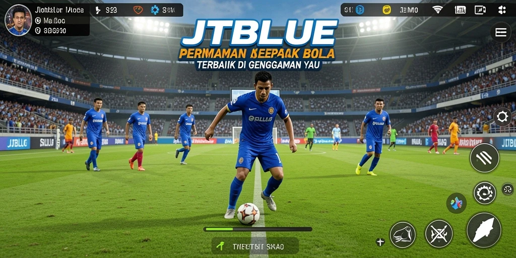 Tampilan gameplay JTBLUE dengan aksi sepak bola yang mendebarkan.