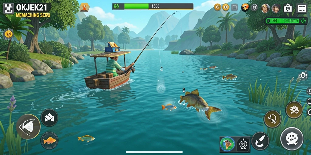 Screenshot gameplay OKJEK21 yang menunjukkan pengalaman memancing yang menantang.