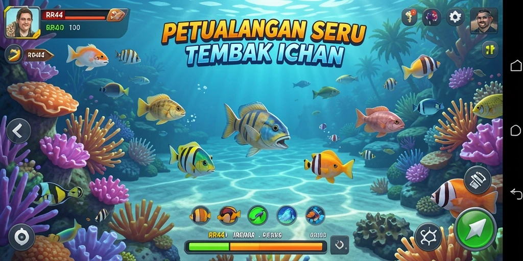 Screenshot gameplay RR44 menampilkan aksi seru menembak ikan.