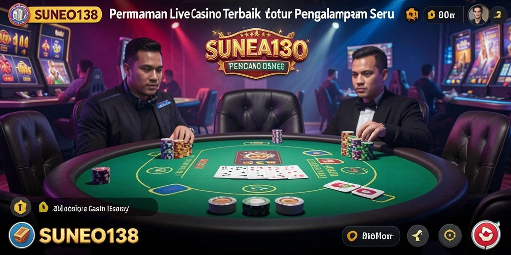 Screenshot SUNEO138 menampilkan dealer langsung yang berinteraksi dengan pemain dalam permainan Live Casino.