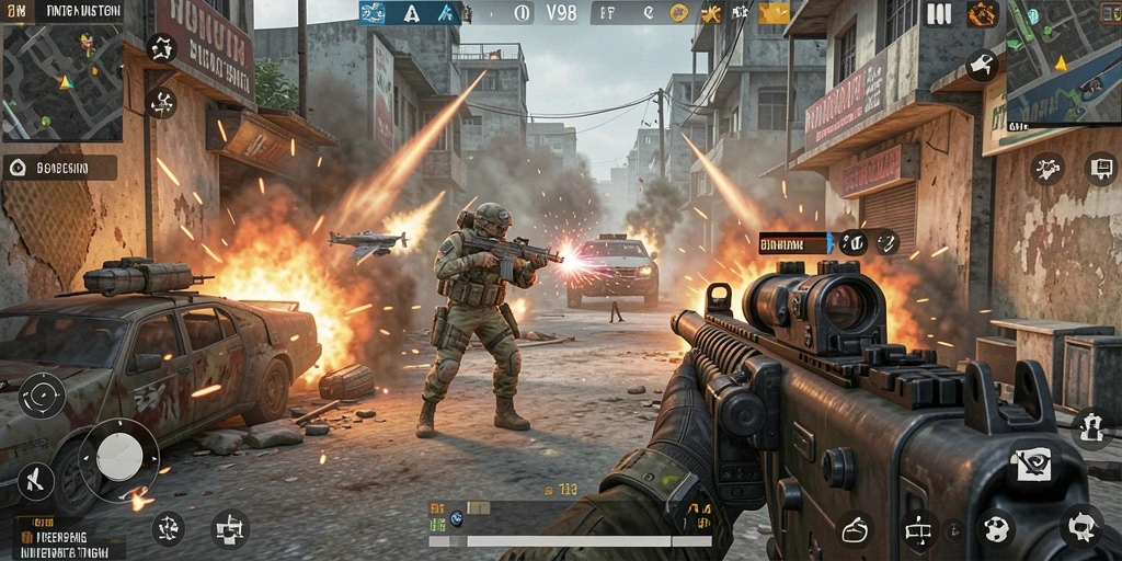 Gameplay V98 yang intens dan penuh aksi dalam mode FPS.